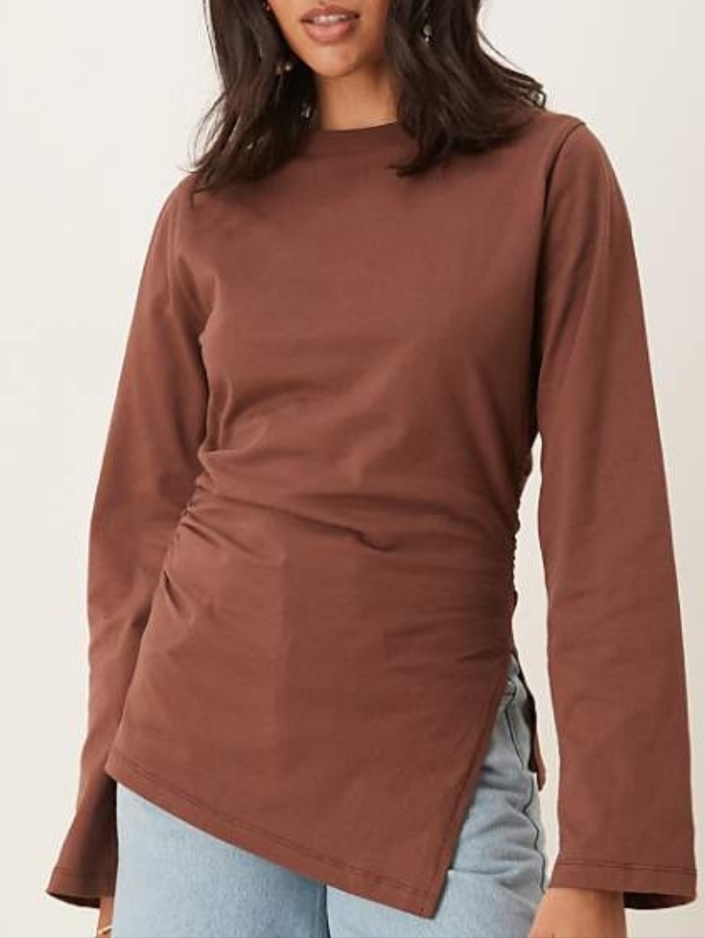 ASOS Asymmetric Hem Long Sleeve Ruched Side Top - Brown
